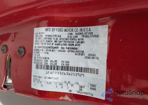 2003 Ford Focus Lx z USA, uszkodzony, nr VIN 1FAFP33Z63W253929